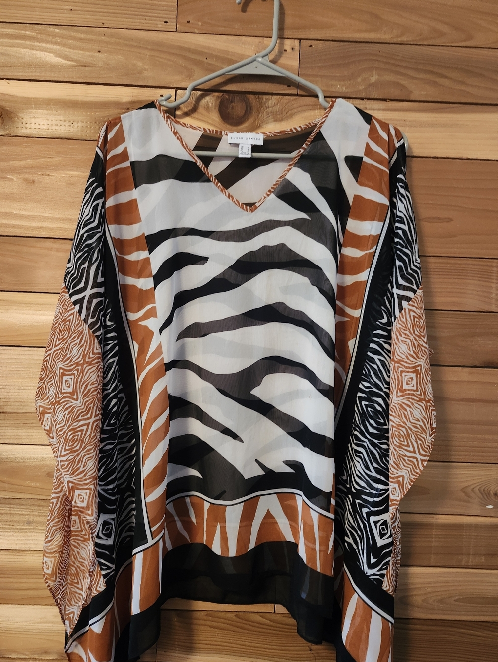 Susan Graver Animal-Print V-Neck Tunic in Brown, Black & White Size Small Sheer